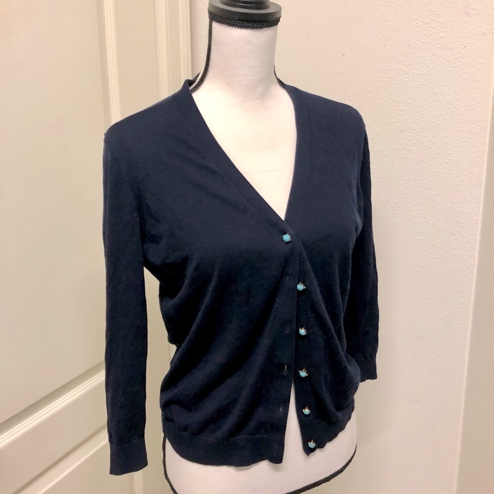 J.Crew Navy Cardigan with Turquoise Jeweled Buttons. Sz. M
